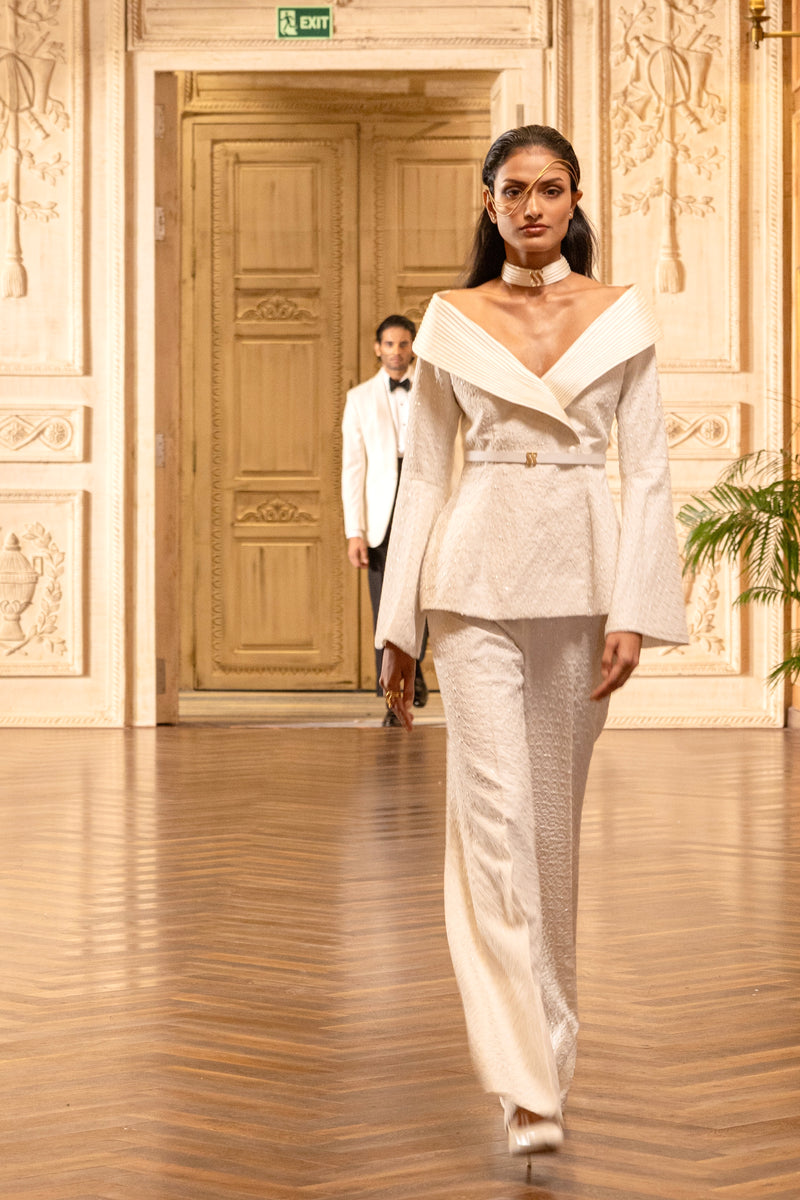 Offset Suits White Embroidered Off-Shoulder Suit