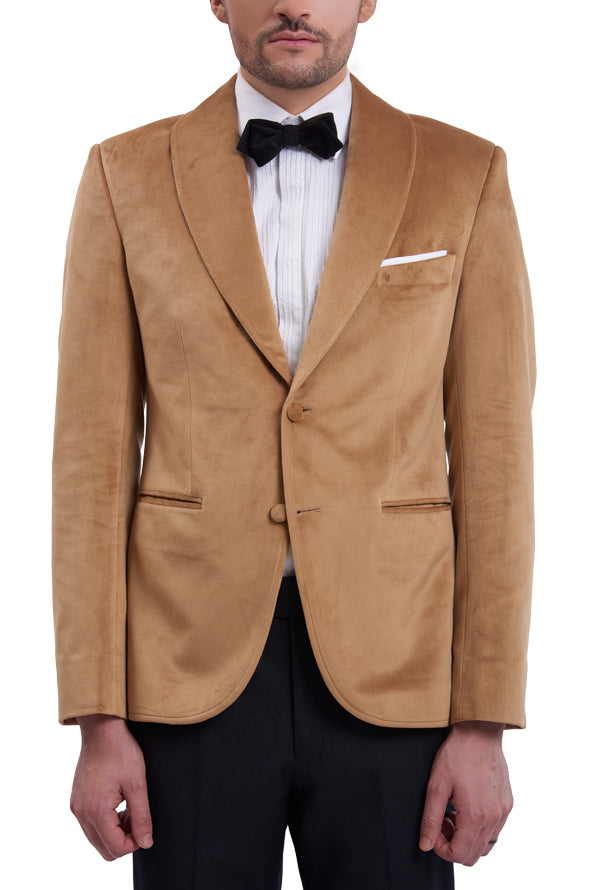 Gold velvet dinner jacket ensemble