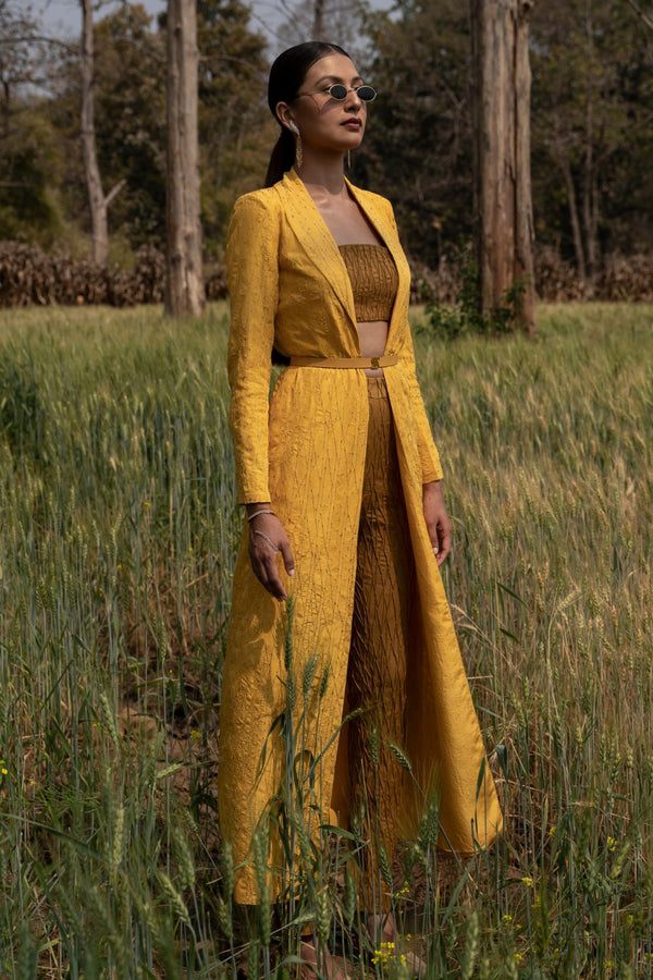 Tuscan Sun Beaded Power Coat with Mustard Tube & Pencil Pant Set
