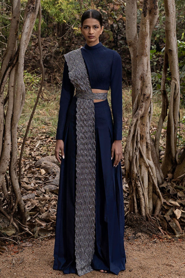 Regal Blue Power Bandhgala with a hand-beaded stole