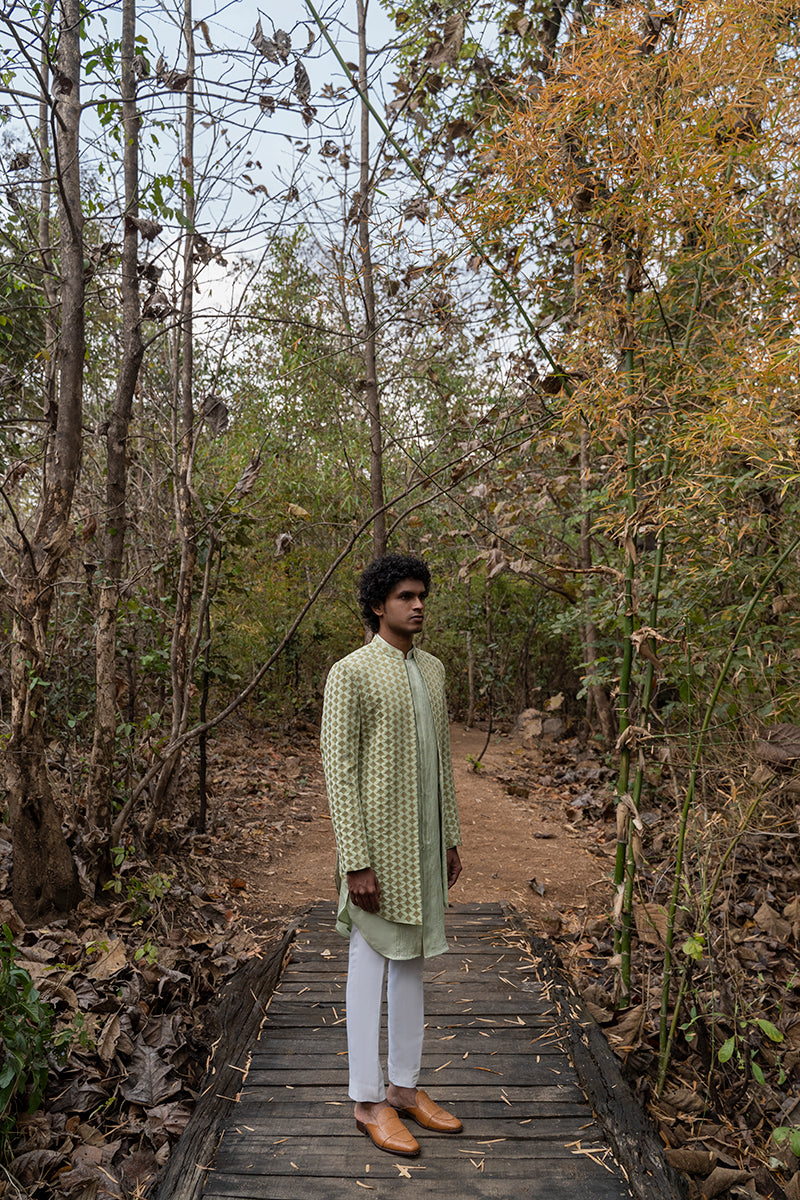 Mint Fully Embroidered Open Sherwani ensemble