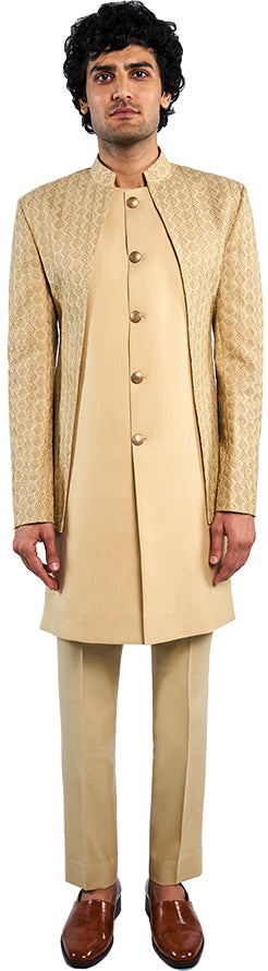 Beige Open Jacket & Long Bandi Ensemble