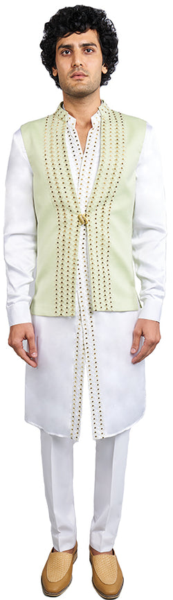 Mint Green Bandi & White Kurta Ensemble