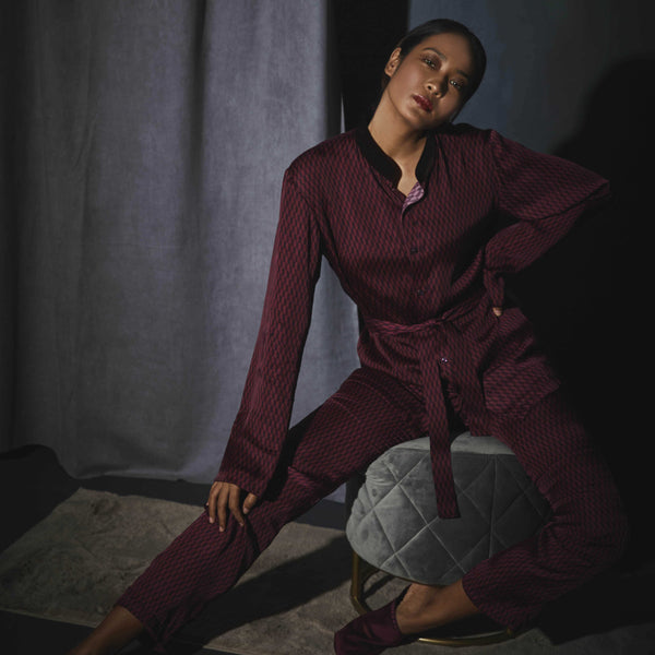 Maroon Printed PJ Set - Women