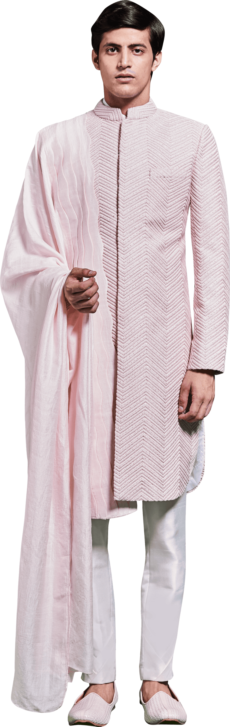 Pink Sherwani Ensemble with Rose Gold Zari