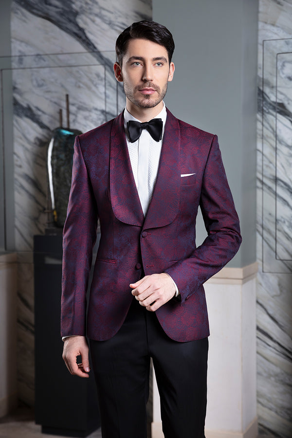 Red Floral Jacquard Tuxedo Jacket