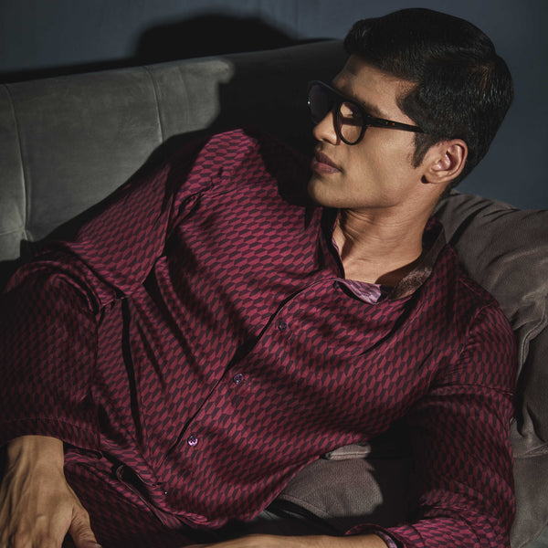 Maroon Printed PJ Set - Men